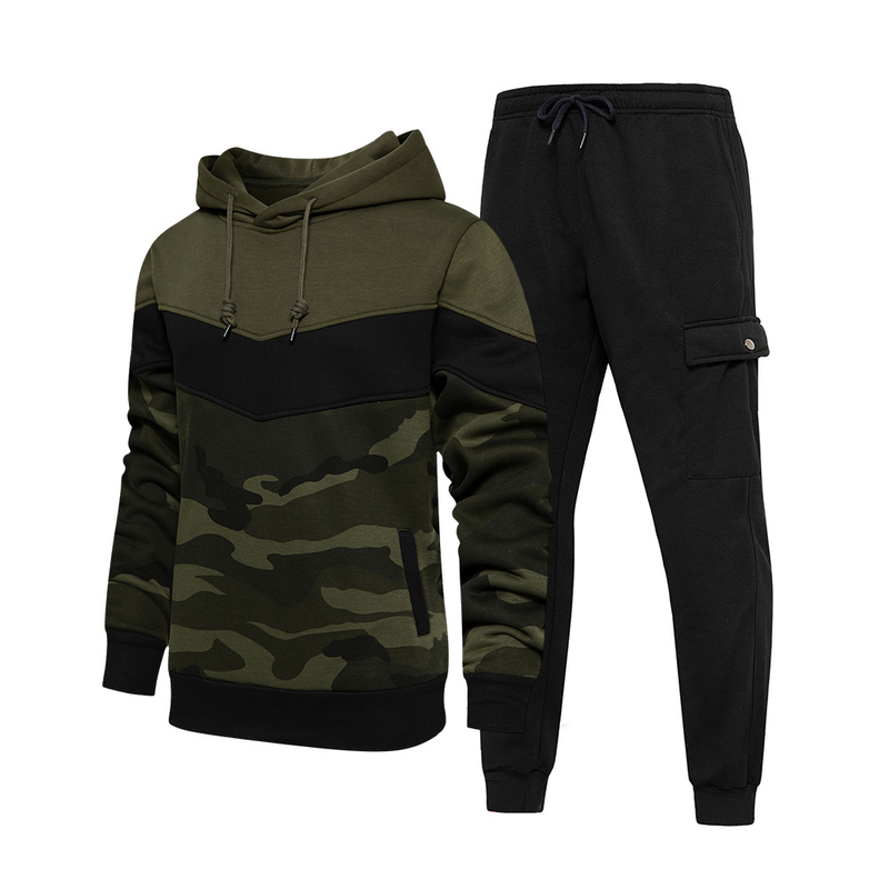 Conjunto deportivo informal de dos piezas con capucha y contraste de color para hombre_voghion.com