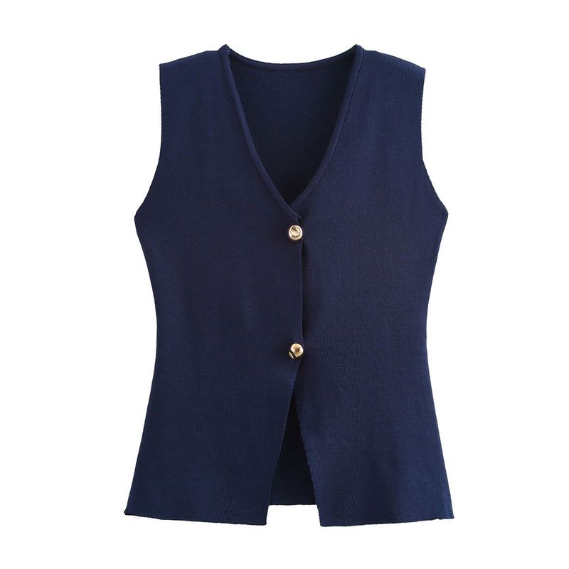 Débardeur tricoté à boutons dorés pour femme, nouvelle mode automne 2024 w063 2038_voghion.com