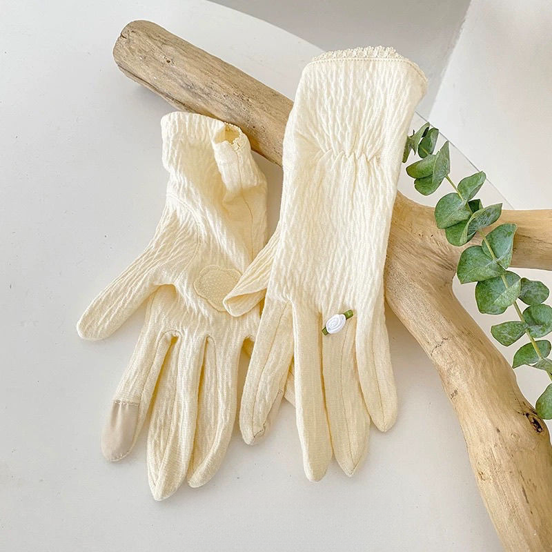 Cienkie damskie rękawiczki przeciwsłoneczne Fresh Style, do ekranów dotykowych, do jazdy samochodem latem, antypoślizgowe, z ochroną UV, z bawełny marszczonej._voghion.com