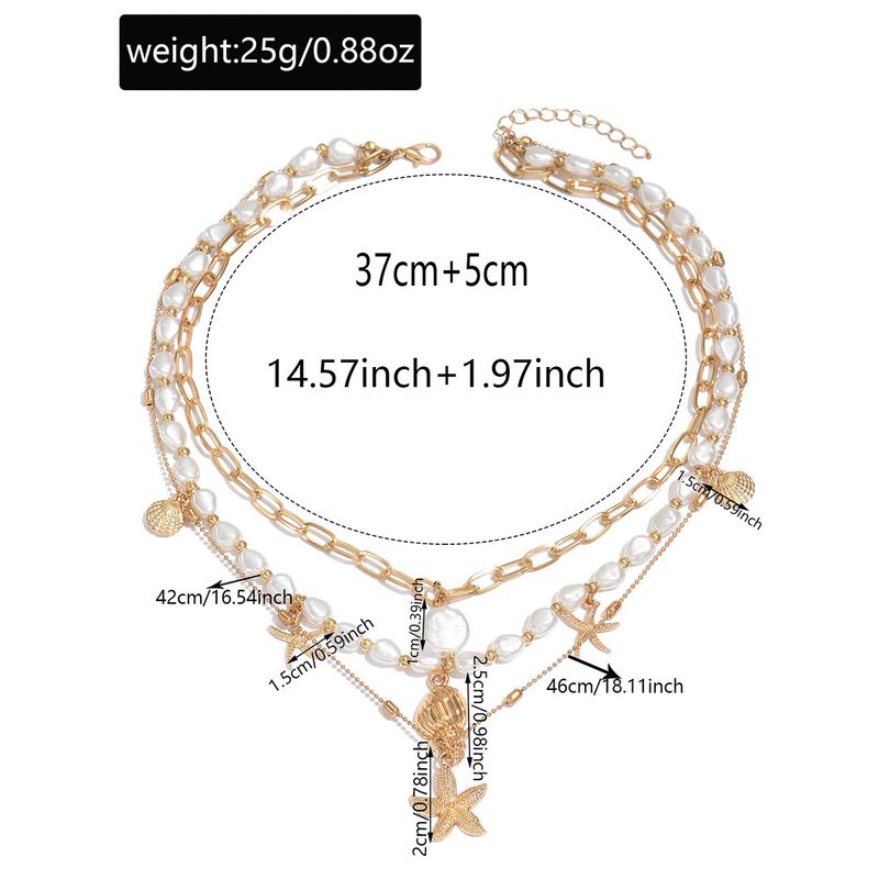 Kettenhalskette mit Anhänger, Sommer-Strand-Seestern-Muschel-Halskette für Frauen, mehrschichtiges Design, Urlaubsperlen-Schlüsselbeinkette_voghion.com