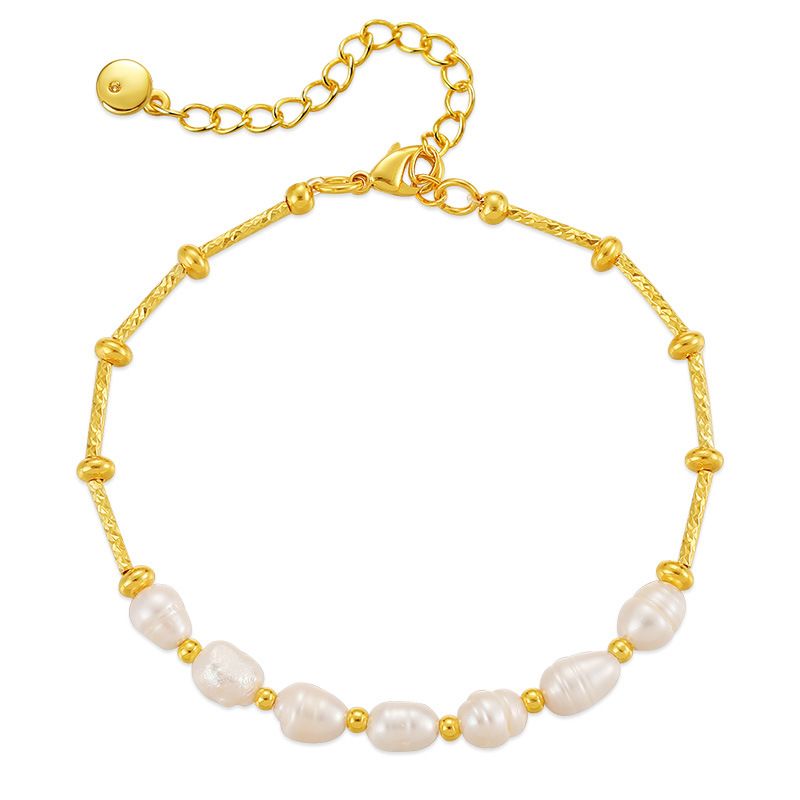 Copper plated K gold natural freshwater pearl gold round bead copper chain design is not easy to allergic elegant texture women's bracelet_voghion.com