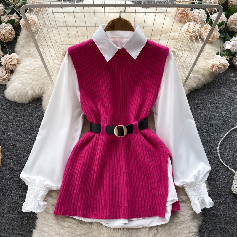 Set de două piese pentru femei, cămașă albă cu mâneci lungi și vestă din tricot despicat_voghion.com