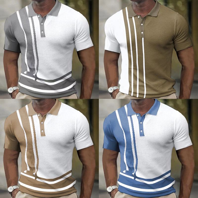 Summer New Men's Polo Shirt Short sleeved Color Block Stripe Button Waffle Pattern T-shirt_voghion.com