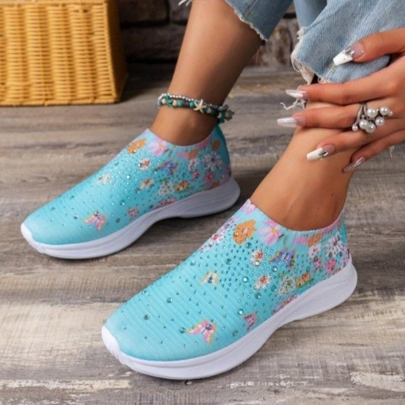 Sneakers slip-on da donna CMY con decorazioni in strass e stampa floreale e a farfalla - Scarpe da corsa traspiranti in maglia_voghion.com