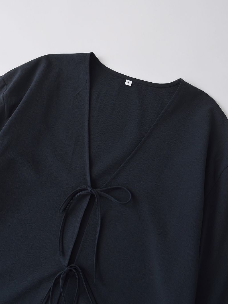 Ropa de mujer Otoño 2024 Nueva moda callejera Camisa estilo kimono con textura de cuello en V_voghion.com