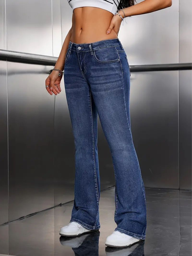 Jeans a zampa elasticizzati da donna - Pantaloni in denim slim fit con comodo elastico in vita, blu classico, versatili ed eleganti_voghion.com