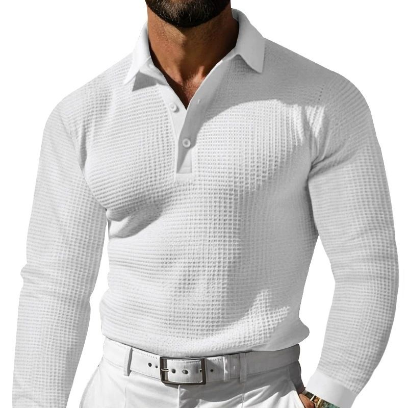 Herren-Poloshirt mit Waffelstrick und langen Ärmeln und Button-Down-Kragen – bequemes und stylisches Freizeit-T-Shirt für den Alltag_voghion.com