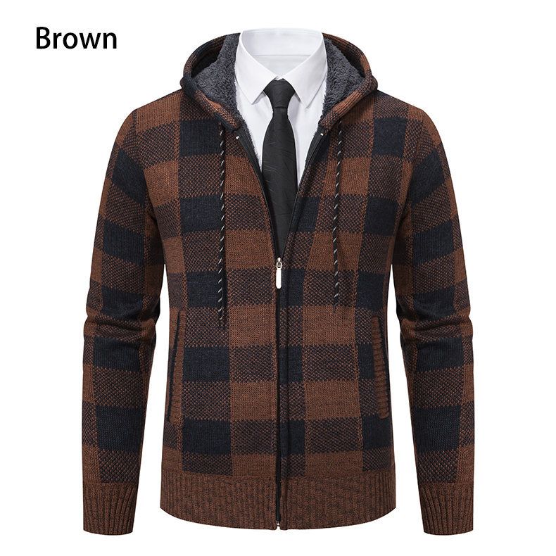Men's Clothing Plus Velvet Thickened Cardigan Hooded Sweater Fleece-Lined Hooded Cardigan – Plaid & Color-Block Knit Jacket (5 Colors, Sizes M-4XL)_voghion.com