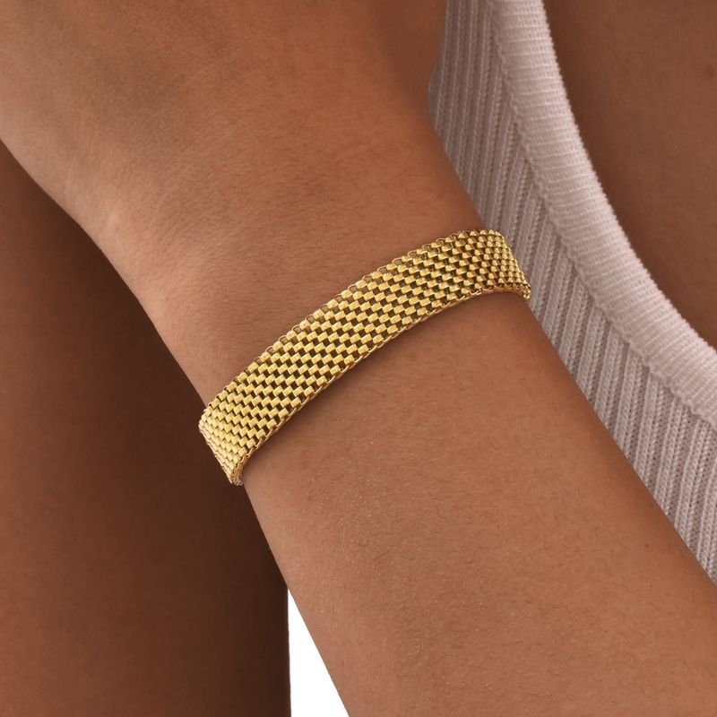 Damenschmuck, glattes Edelstahl-Netzarmband mit vergoldetem 10 mm breitem Band, geometrisches Design für den Alltag und zum Verschenken_voghion.com