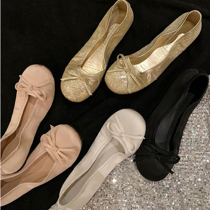 Ballerinas mit Schleife Damen runde Zehenpartie Slipper Schlupfschuh Silber Mary Jane Schuhe mit weicher Sohle_voghion.com