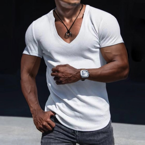 Casual slank T-shirt met korte mouwen voor heren, sport-fitness hardlooptopjes met V-hals_voghion.com