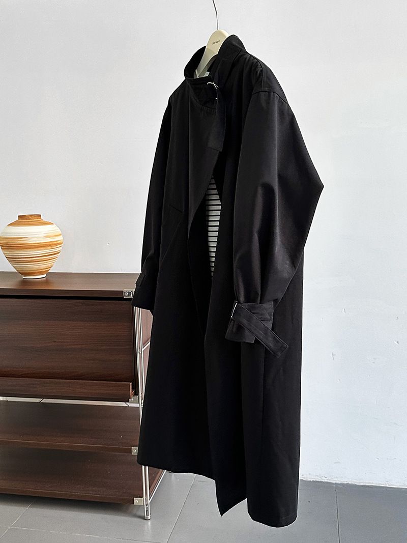 Elegant British-Style Long Trench Coat For Women – Minimalist & Luxurious Knee-Length Overcoat With Adjustable Belt, Pure Cotton, Black & Light Beige_voghion.com