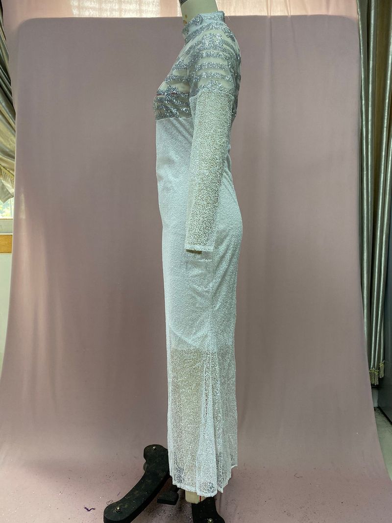 Damenbekleidung Rundhals Slim Fit Temperament S-förmiges Pailletten Sexy Hüftwickelkleid_voghion.com