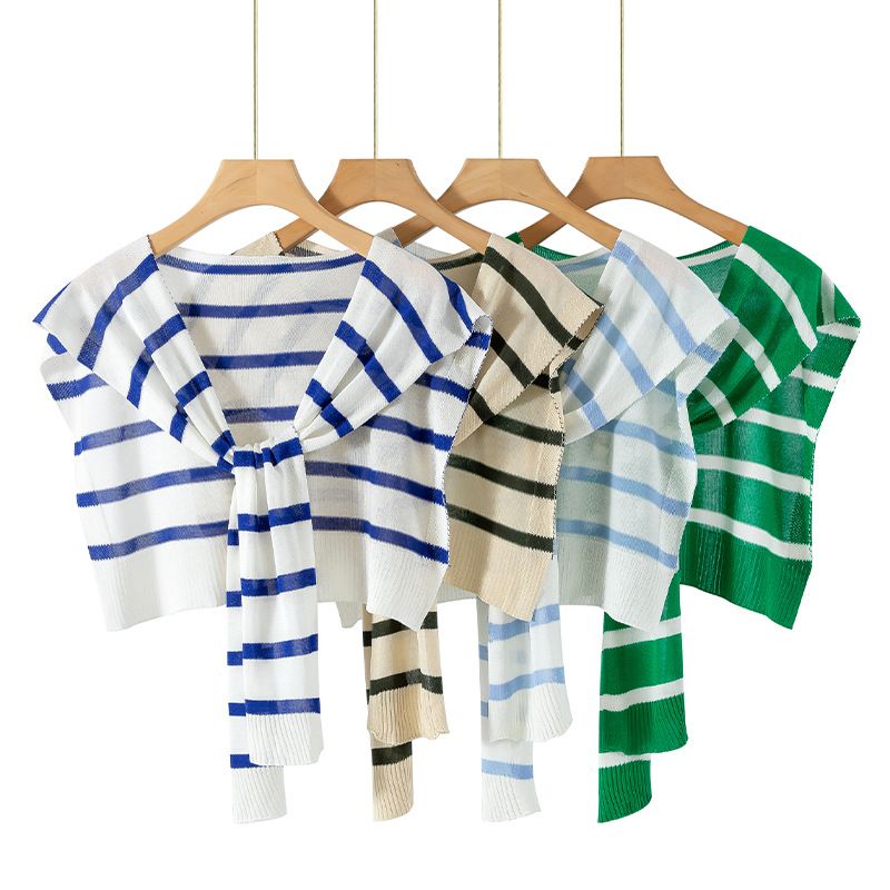 Women's Clothing Thin Striped Ice Silk Knitted Shawl For Women In Summer With Skirt For Outer Wear Sun Protection Thin Shoulder With Collar_voghion.com