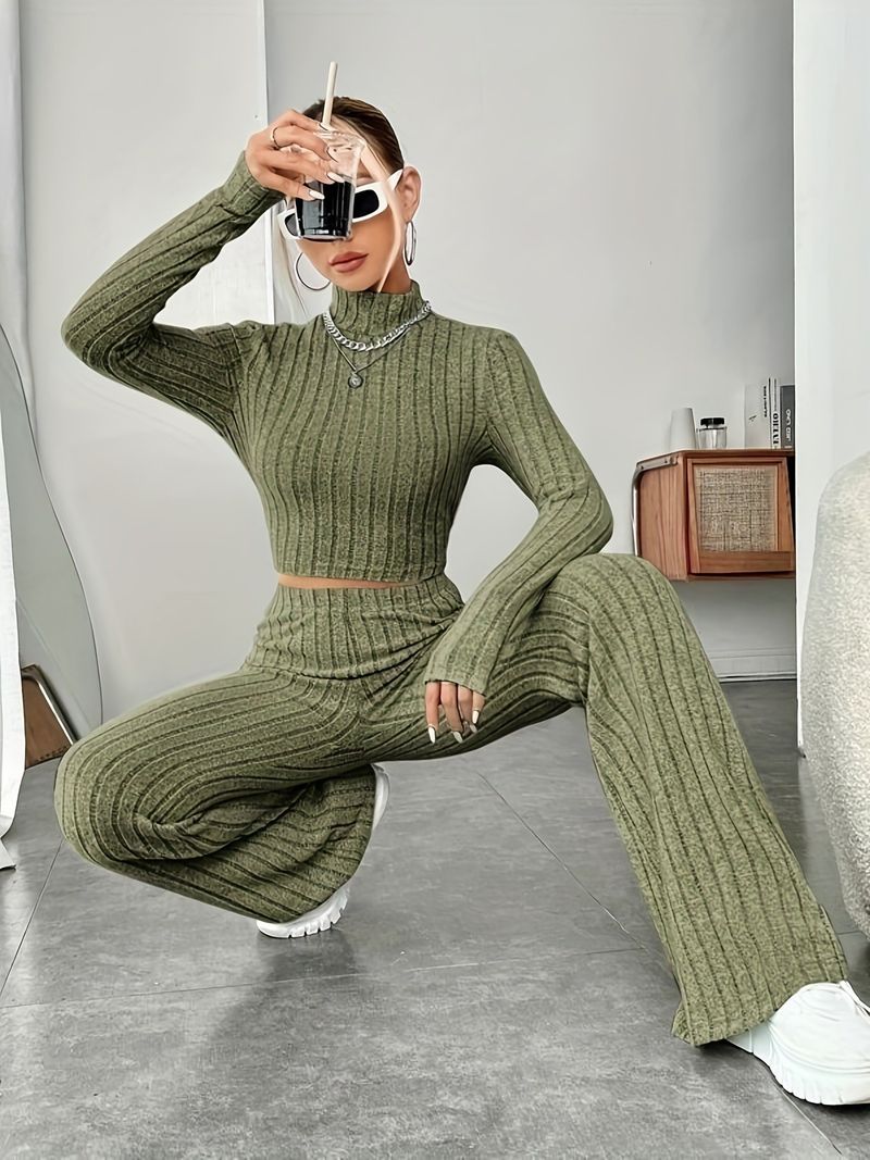 2025 Autumn New Knitted Sleeve Fashion With Inner Hoodie And Long Pants Two Piece Set_voghion.com