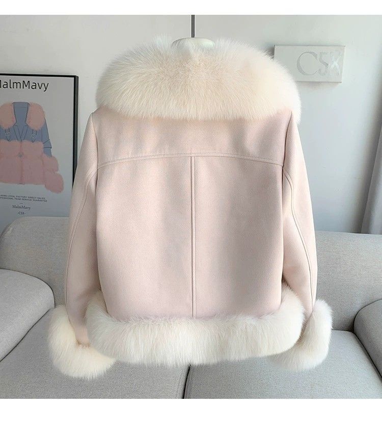Women’s Faux Fox Fur Short Coat – Trendy Winter Jacket With 3D Embroidery, V-Neck & Plush Collar (M-XL, Beige/Green/Khaki/Pink)_voghion.com