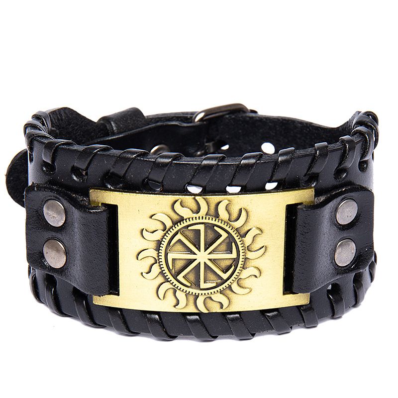 Genuine Viking Sun Symbol Men's Wide Leather Bracelet_voghion.com