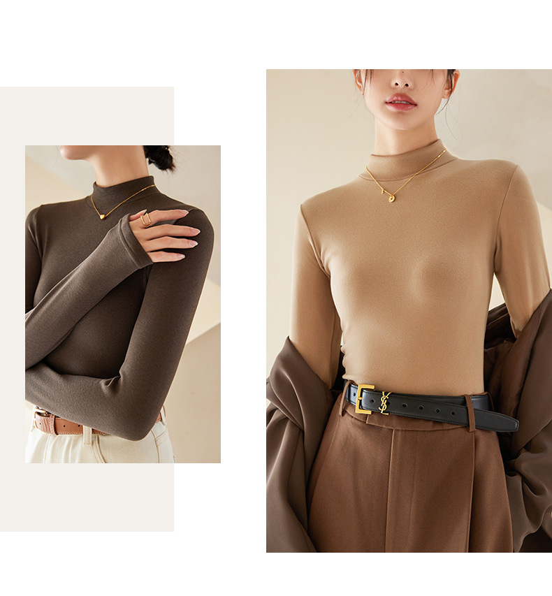 Pull en laine double face à demi-col roulé en velours pour femmes, haut épais à manches longues en velours_voghion.com