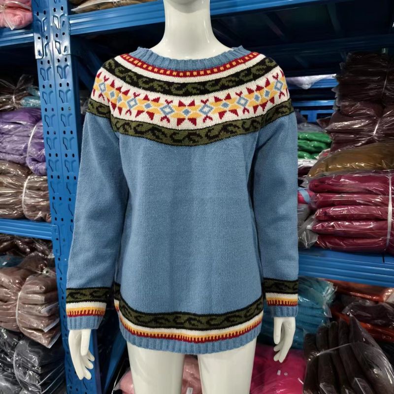 Damenbekleidung, modischer Strickpullover mit Rundhalsausschnitt, Farbblock, lockere Passform, lässige Oberteile_voghion.com
