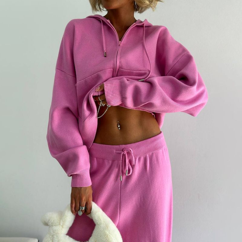 Women's Clothing Solid Color Hooded Sweater Suit For Women Loose Casual Lazy Style Autumn And Winter New Knitted Trousers Two Piece Suit_voghion.com