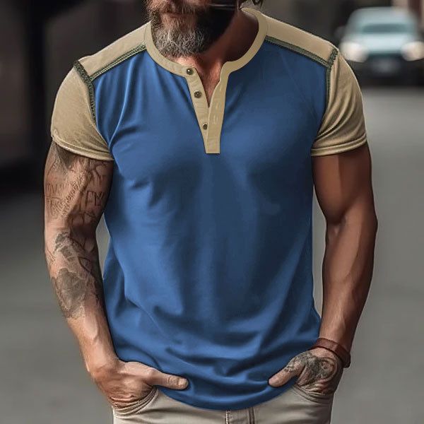 2024 Summer New Men's Colored Short sleeved Henley Shirt American Button T-shirt_voghion.com