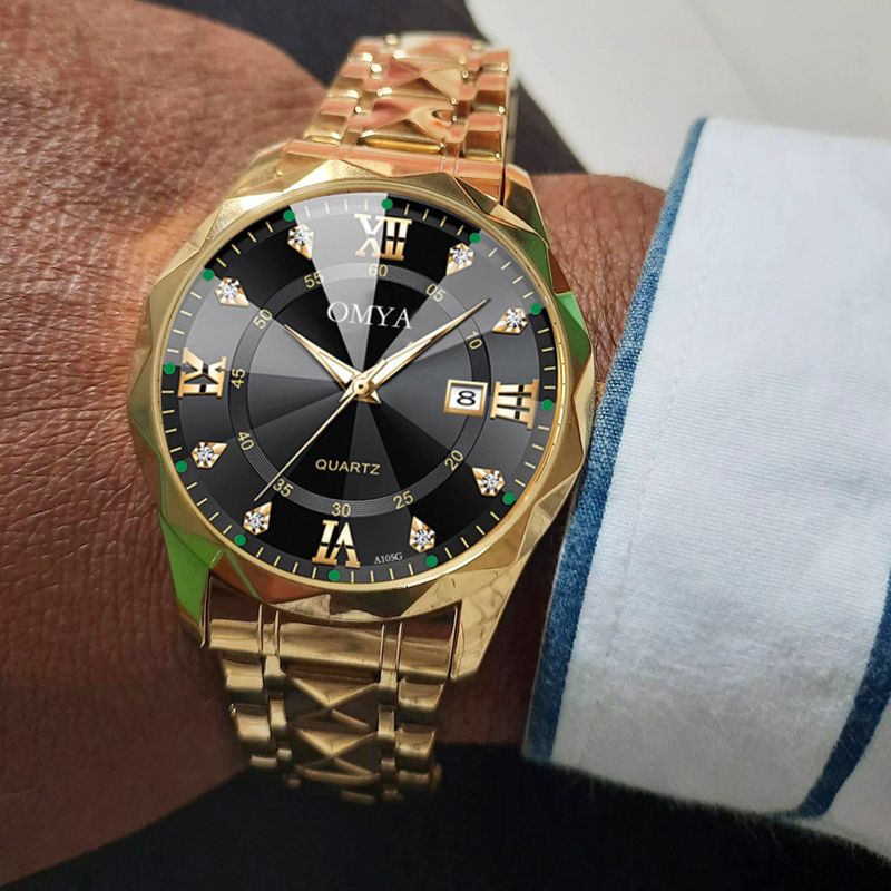 OMYA Couple Watch 3ATM Waterproof Stainless Steel Calendar Quartz Watch With Decorative Design_voghion.com