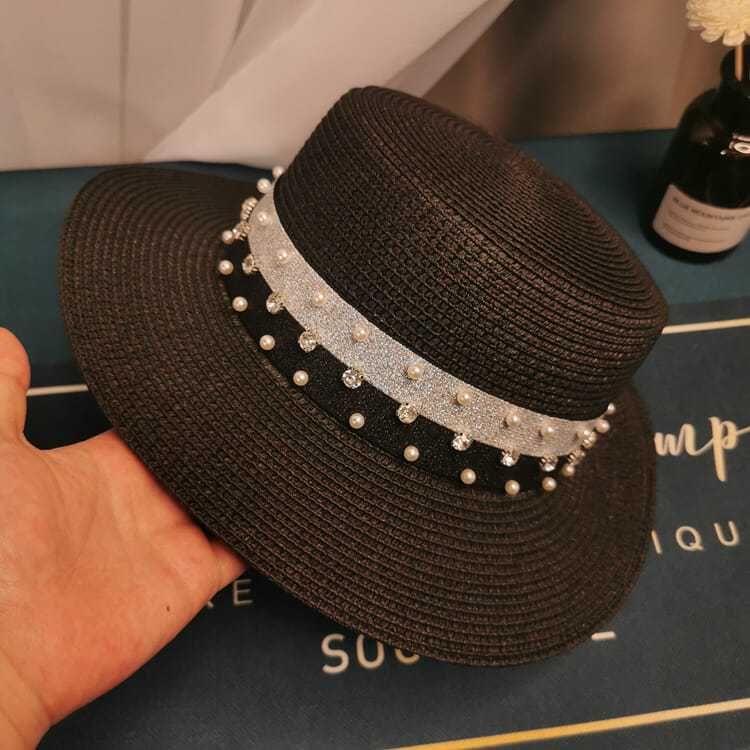 Sommer Neue Vielseitige Perle Wasser Diamant Flache Top Stroh Urlaub Sonnenschutz Big Eaf Geschenk Strand Hut Mädchen_voghion.com