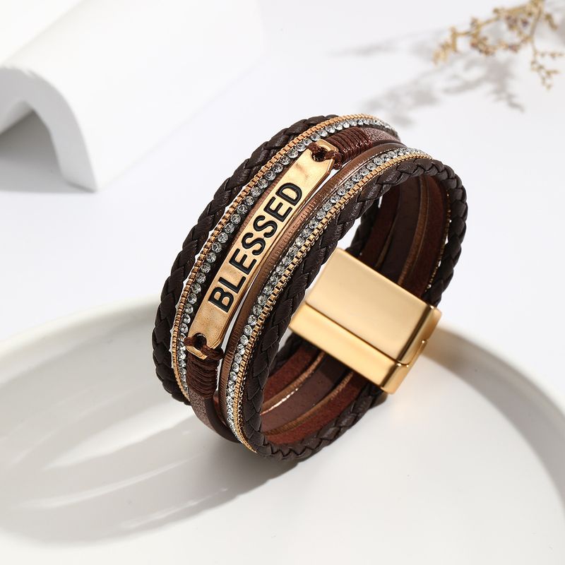 Bracelet tissé unisexe en cuir PU de style ethnique, multicouches, strass_voghion.com