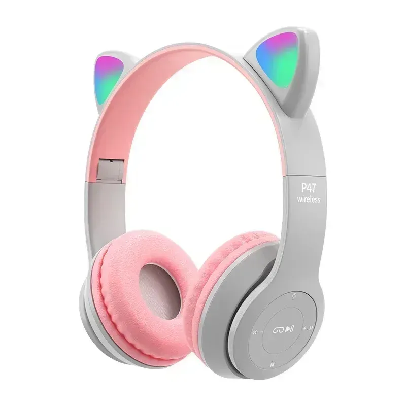 47M Wireless Game Headphone Flash Light Cute Cat Ears Gaming With Mic Control LED Stereo Music Phone Bluetooth Headset_voghion.com