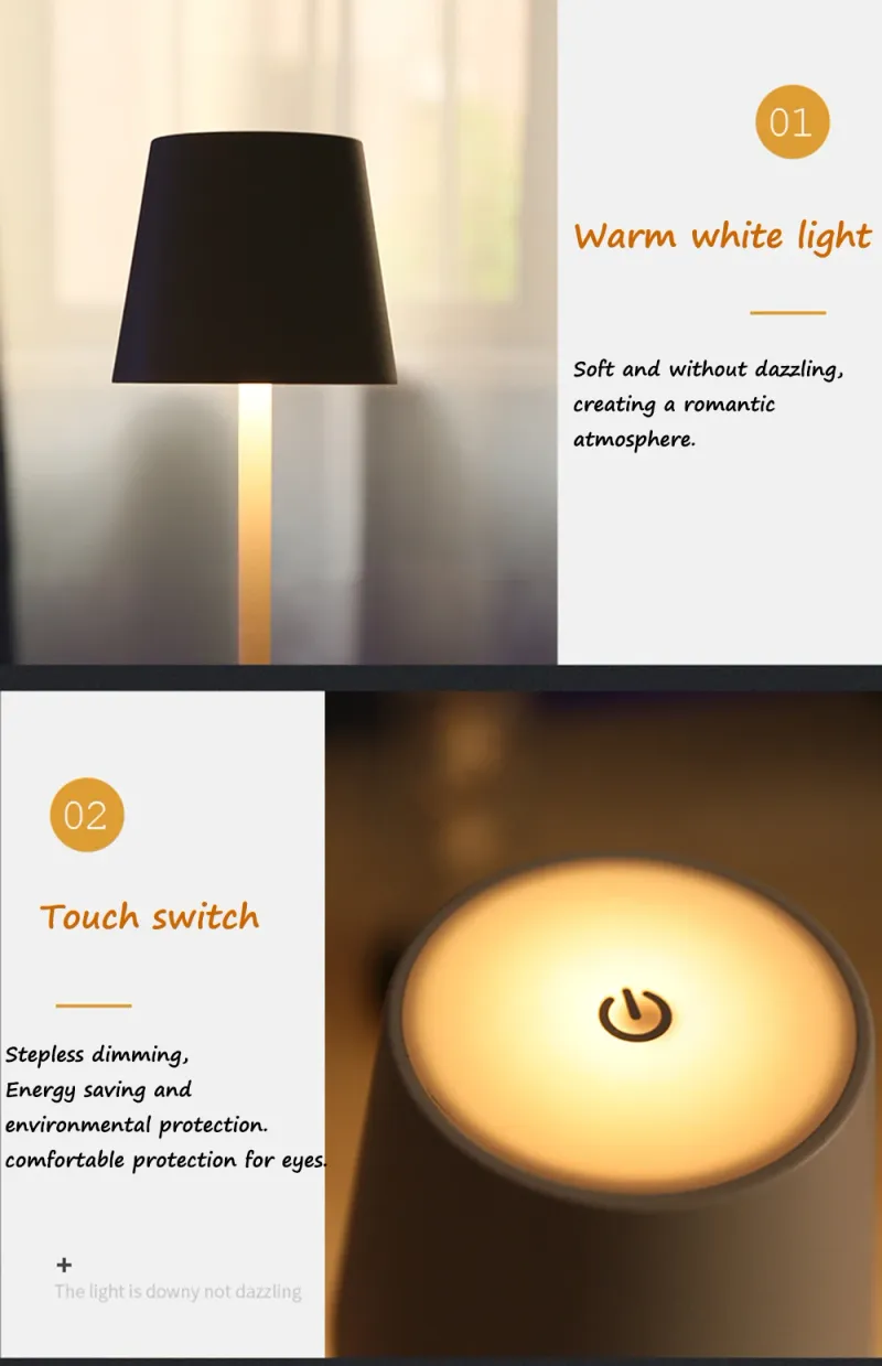 Lampada da tavolo senza fili, lampada da comodino dimmerabile, illuminazione d'atmosfera per ristoranti, per interni ed esterni, colore nero metallizzato_voghion.com