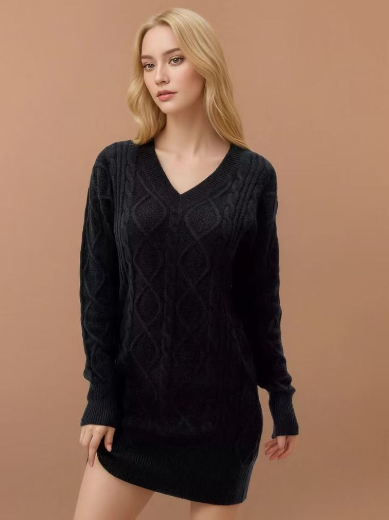 Vestito casual da donna in maglia a trecce, in tinta unita, con scollo a V, di media lunghezza, autunno inverno 2025_voghion.com
