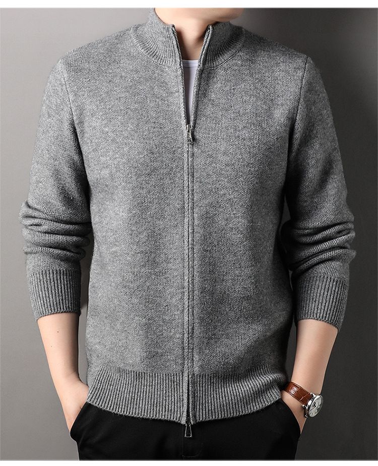Herrenbekleidung Herren-Strickjacke mit Stehkragen und Reißverschluss – Minimalistische Strickpulloverjacke (Creme/Grau/Schwarz, M-XXXL)_voghion.com