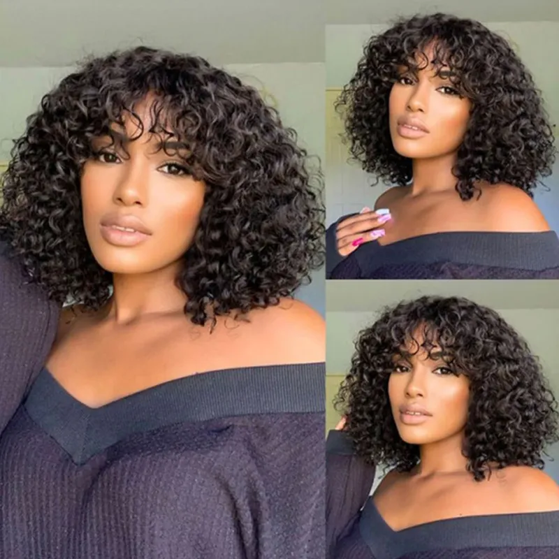 Jerry Curly Glueless Wig Short Pixie Bob Cut Human Hair Wigs With Bangs Highlight Honey Water Wave Blonde Colored Wigs_voghion.com