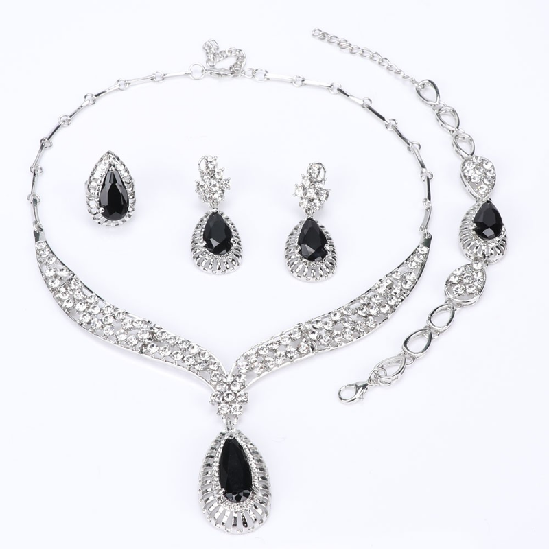 Damen Moud Braut Party Feierdag Bijouen Set Halskette Ouerréng Bracelet Ring Kristall Strass Edelsteen Party Bijouen Sets_voghion.com