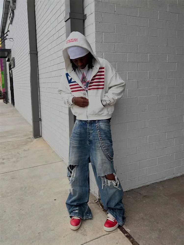 Felpa con cappuccio e zip ricamata Y2K Streetwear da uomo - Pullover retrò oversize con dettagli in strass, nero e bianco_voghion.com