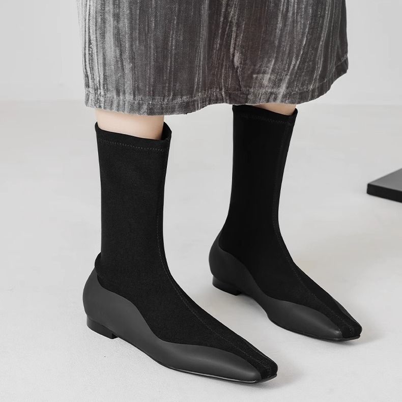 Stivali da donna con tacco nascosto, snellenti, elastici, punta quadrata, lavorati a maglia, casual, versatili, neri_voghion.com