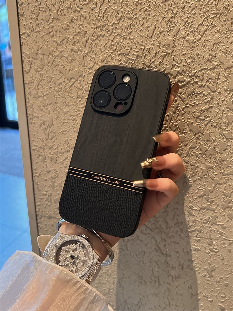 Kompatible 15 Pro Max-Telefonhülle, schlichtes Leder, neues iPhone 14, Premium-Gefühl, 16 Holzmaserung, 12 Vollabdeckungslinse_voghion.com