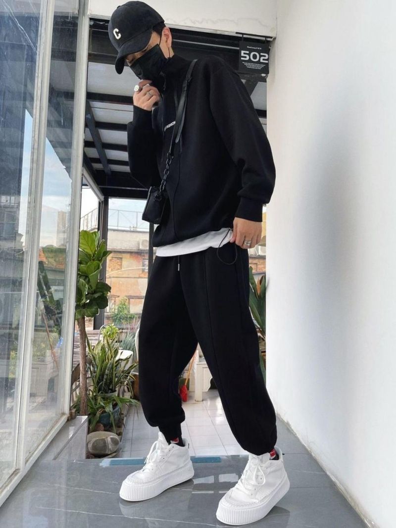 Men's Half-Zip Sweater Set – Winter-Ready Fleece-Lined Jogger Suit With Dual Zipper (Black/Gray/White, S-3XL)_voghion.com