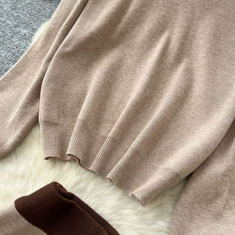 Damenbekleidung Elegantes Herbst-Damenanzug-Set – Locker sitzendes Strickoberteil mit V-Ausschnitt und einreihigem Midirock, stilvolles Colorblocking und Vintage-Touch_voghion.com