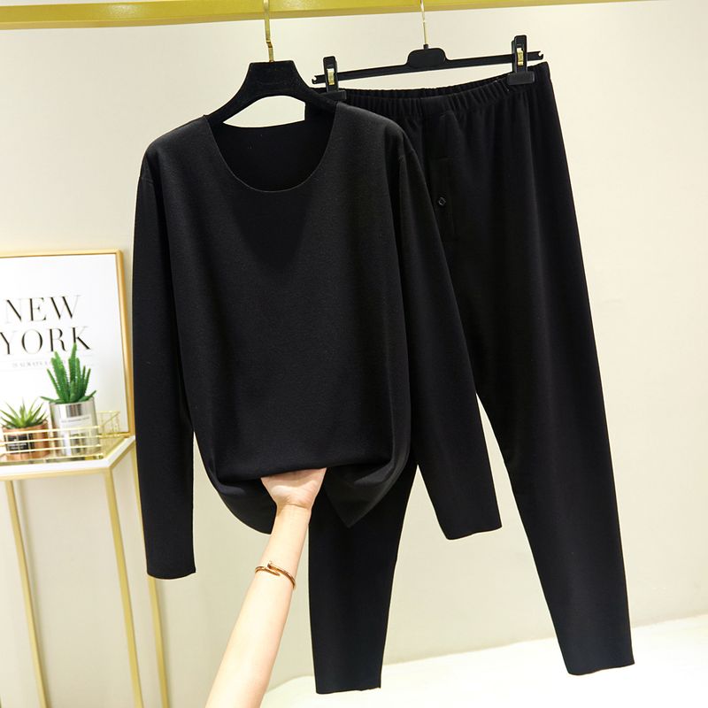 Autumn and winter cationic double-sided velvet solid color suit men's underwear round neck long sleeved pants heating_voghion.com