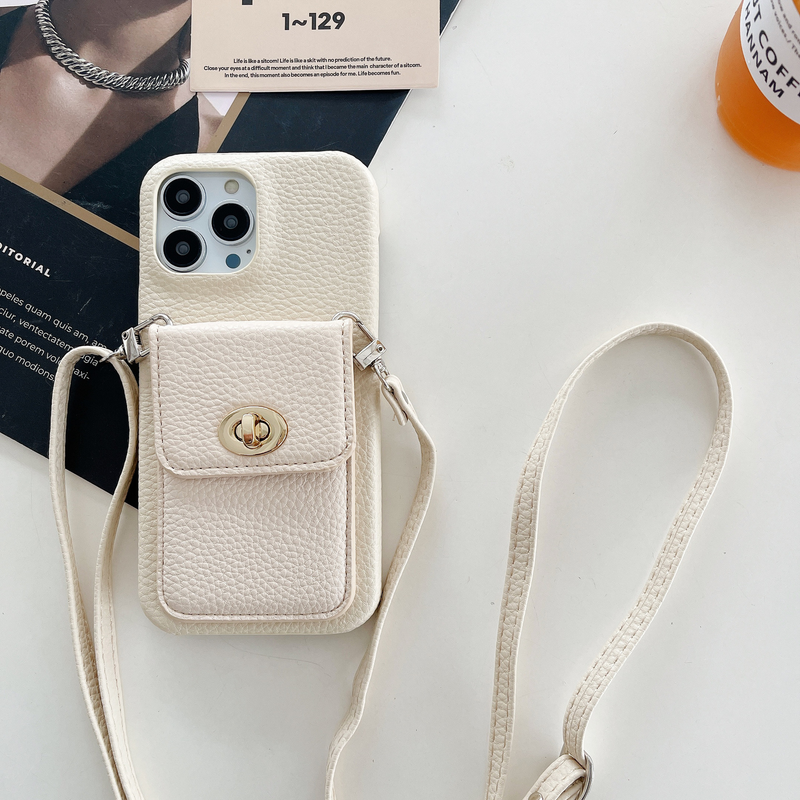 Mobile phone case lock card holder diagonally suitable for Apple 15pro max mobile phone case iPhone14 pebbled pattern protective cover_voghion.com