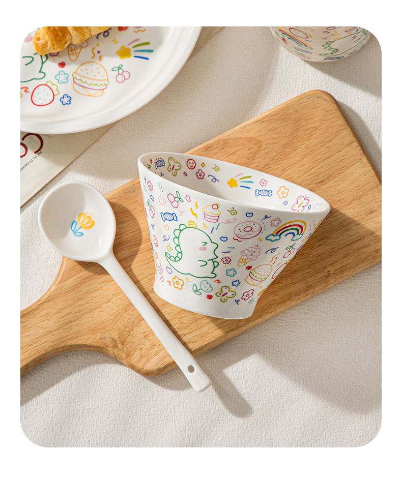 Japanese-Style Cartoon Ceramic Dinner Plate Set With Spoon - 8 Inch Hand-Painted Doodle Design, Microwave Safe, Elegant Tableware_voghion.com