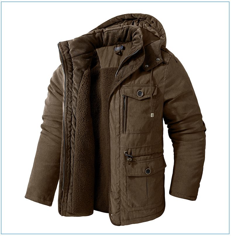 Men's Plus Size Shearling Hooded Cotton Jacket Thickened Multi-Pocket Cotton Top Casual Mid-Length Coat_voghion.com