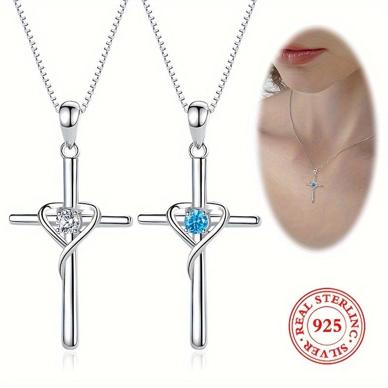 Collana con ciondolo a forma di croce a forma di cuore, in zircone, da donna, in acciaio inossidabile, con catena a scatola, in argento Sterling_voghion.com