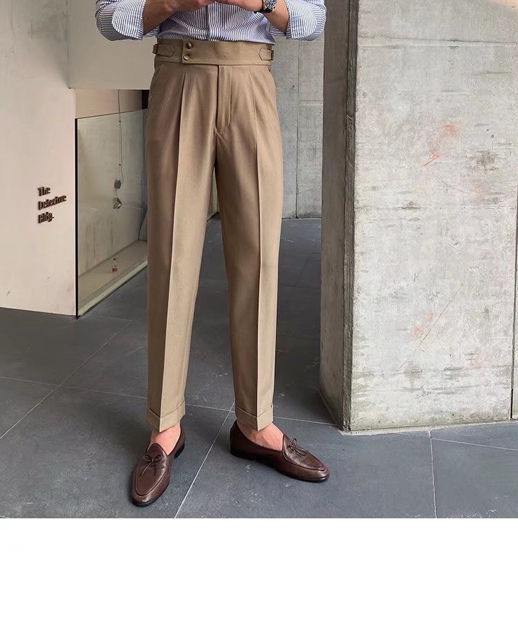 Herrenbekleidung Einfarbige Neun-Punkt-Hose mit hoher Taille Temperament Lässige Business-Hose mit italienischen Pariser Knöpfen Herrentrend_voghion.com