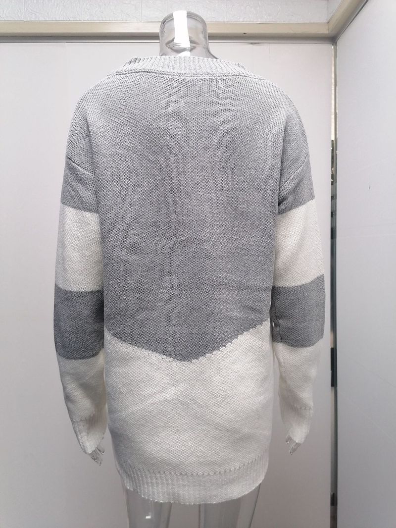 Pull ample à col en v pour femme, pull ample avec couleurs contrastées, automne et hiver_voghion.com