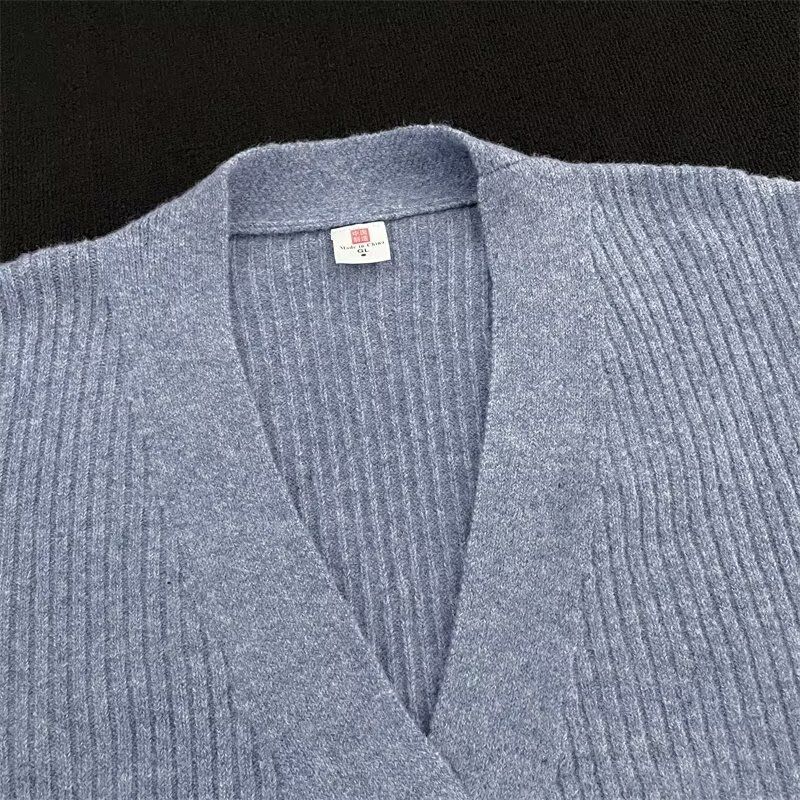 Herfst 2025 Nieuwe Cardigan Amerikaanse Casual Lazy Style V-hals Gebreide Trui Heren Effen Kleur Jas Trendy_voghion.com