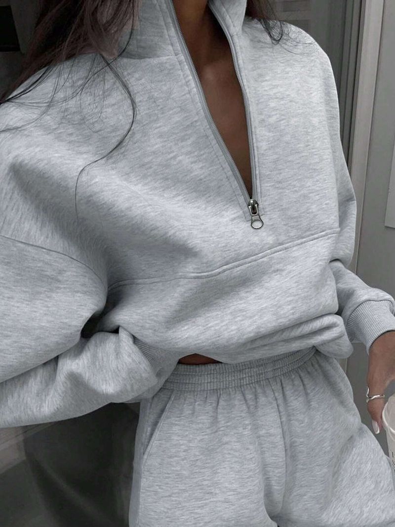 Women's Casual Two-Piece Set With Zip-Up Collar - Trendy Long Sleeve Pullover & Pants Outfit For Autumn/Winter (Grey, Beige, Pink, Black)_voghion.com