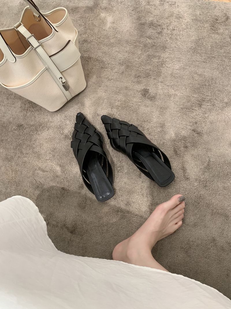 Grape Mama Studiolee Headed Pointed Half Slippers Women's Muller Flat Bottom Woven Hollow Sandals_voghion.com