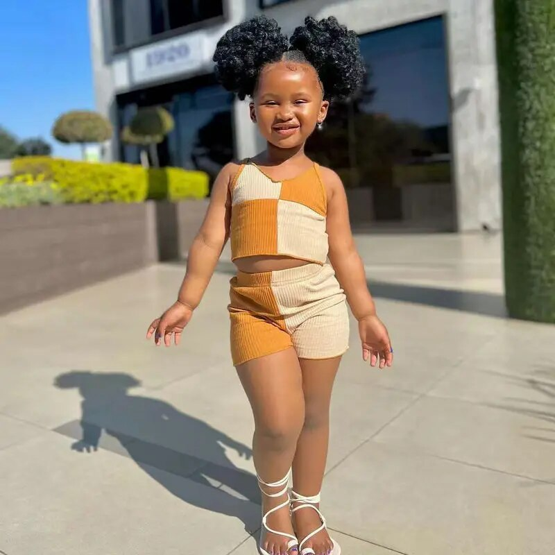 Ensemble de vêtements d'été pour bébés filles de 1 à 8 ans, haut court sans manches + short en Patchwork, pantalons pour enfants, tenues décontractées_voghion.com